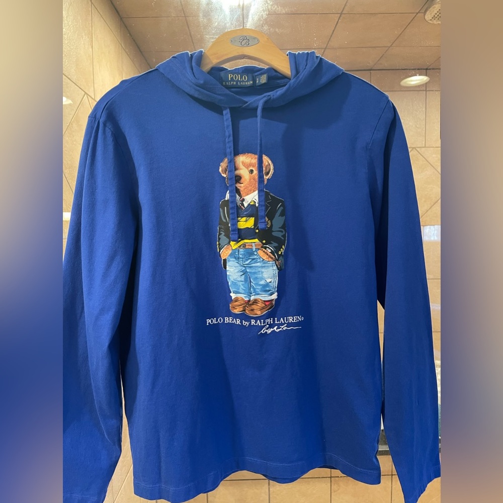 Men's BLUE Polo by Ralph Lauren Bear Hooded Long Sleeve Tee Shirt - Size Small